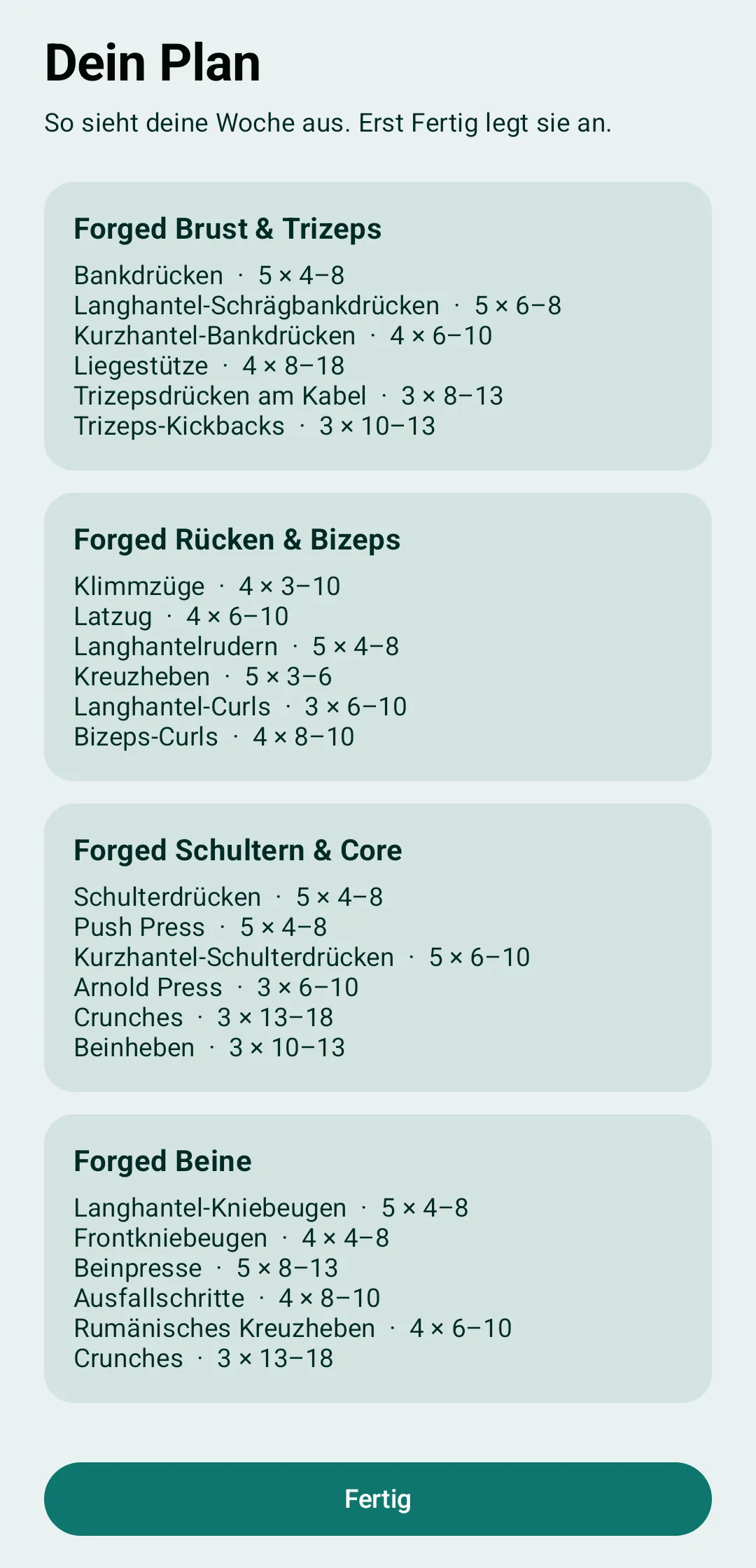 Vorschau des vom Assistenten erzeugten Trainingsplans mit vier Einheiten samt Übungen, Sätzen und Wiederholungen.