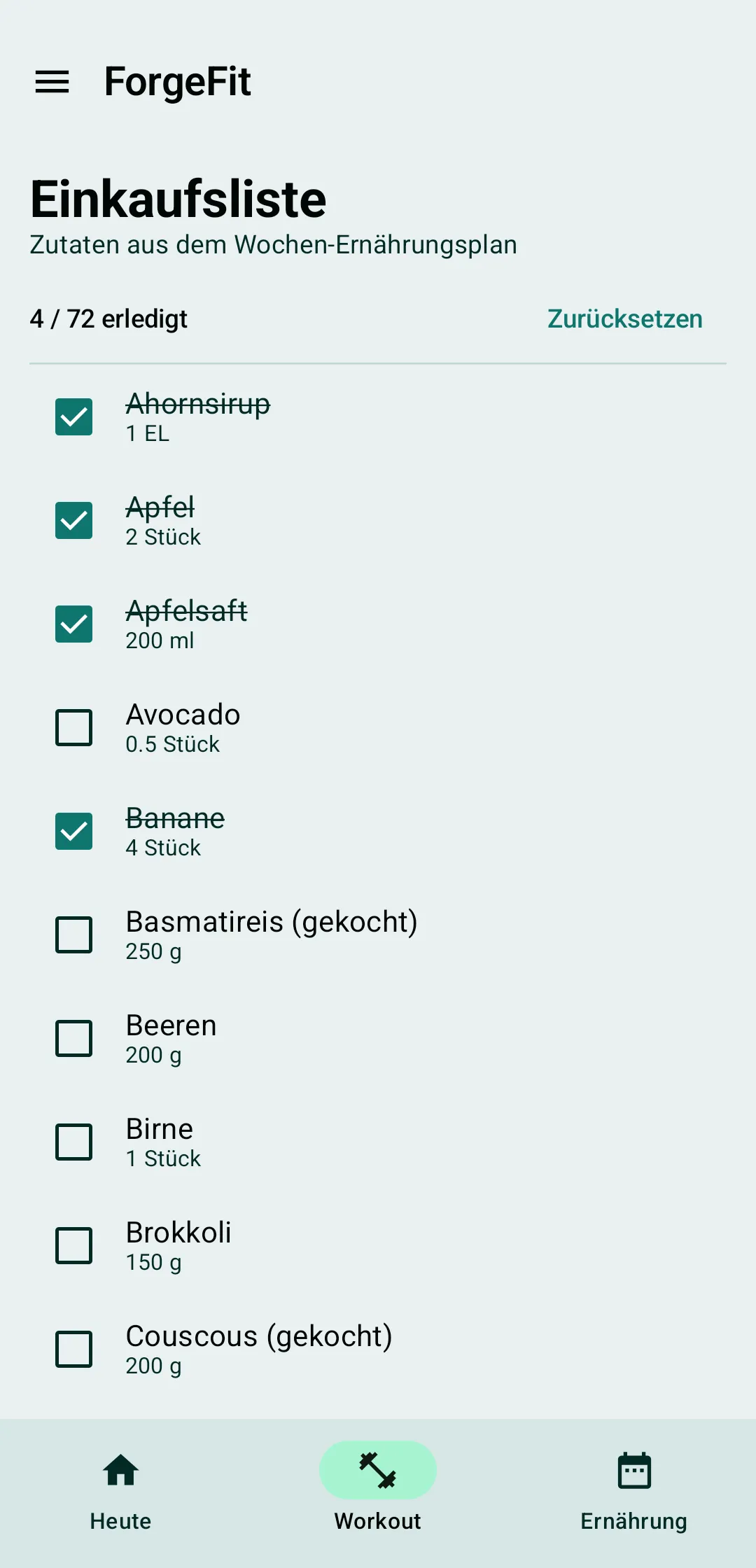 Einkaufsliste mit den Zutaten aus dem Wochen-Ernährungsplan, teilweise abgehakt.