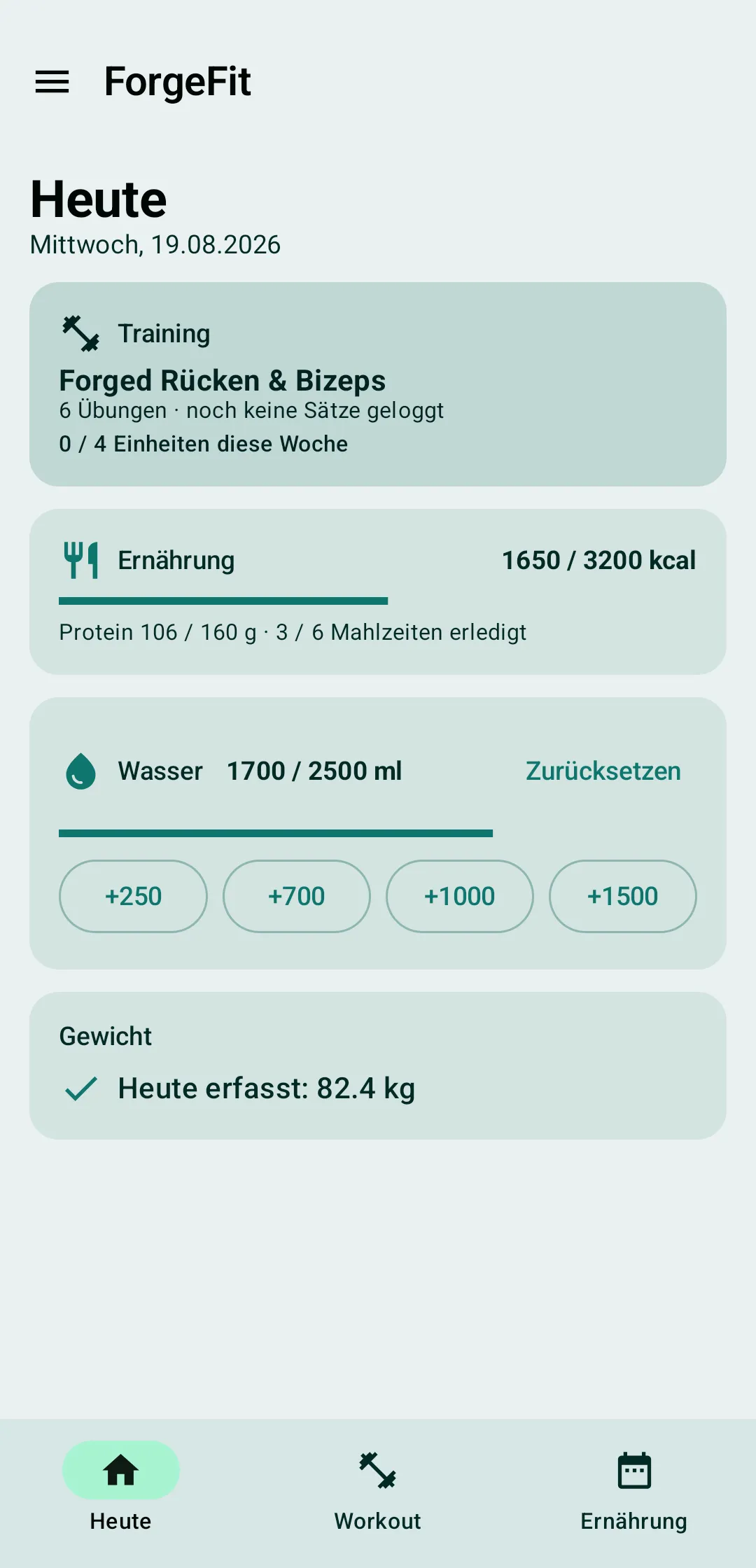 ForgeFit Startbildschirm „Heute" mit Trainingseinheit, Kalorienstand, Wasser und erfasstem Gewicht.