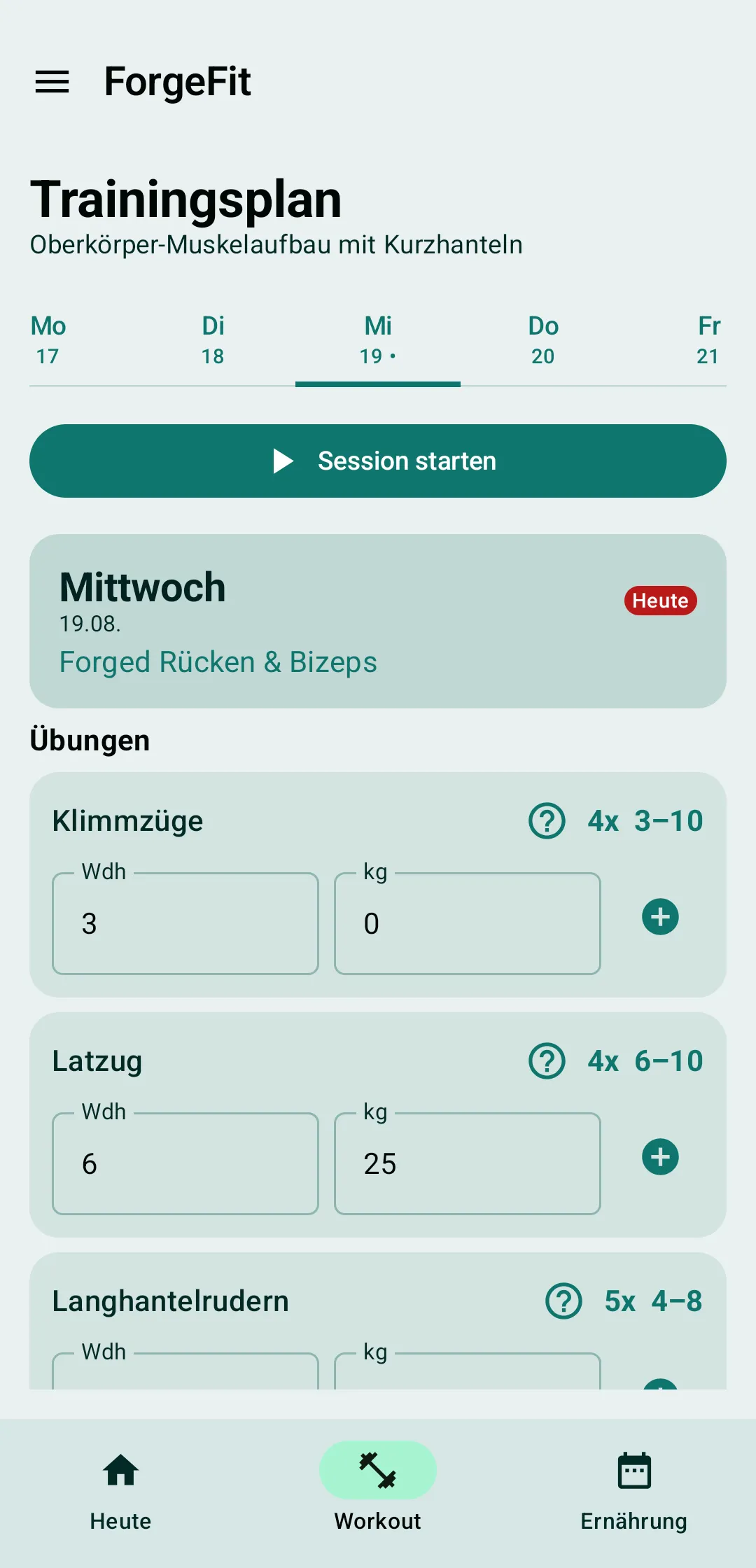 Workout-Ansicht mit der Einheit des Tages, Übungen und bereits protokollierten Sätzen.