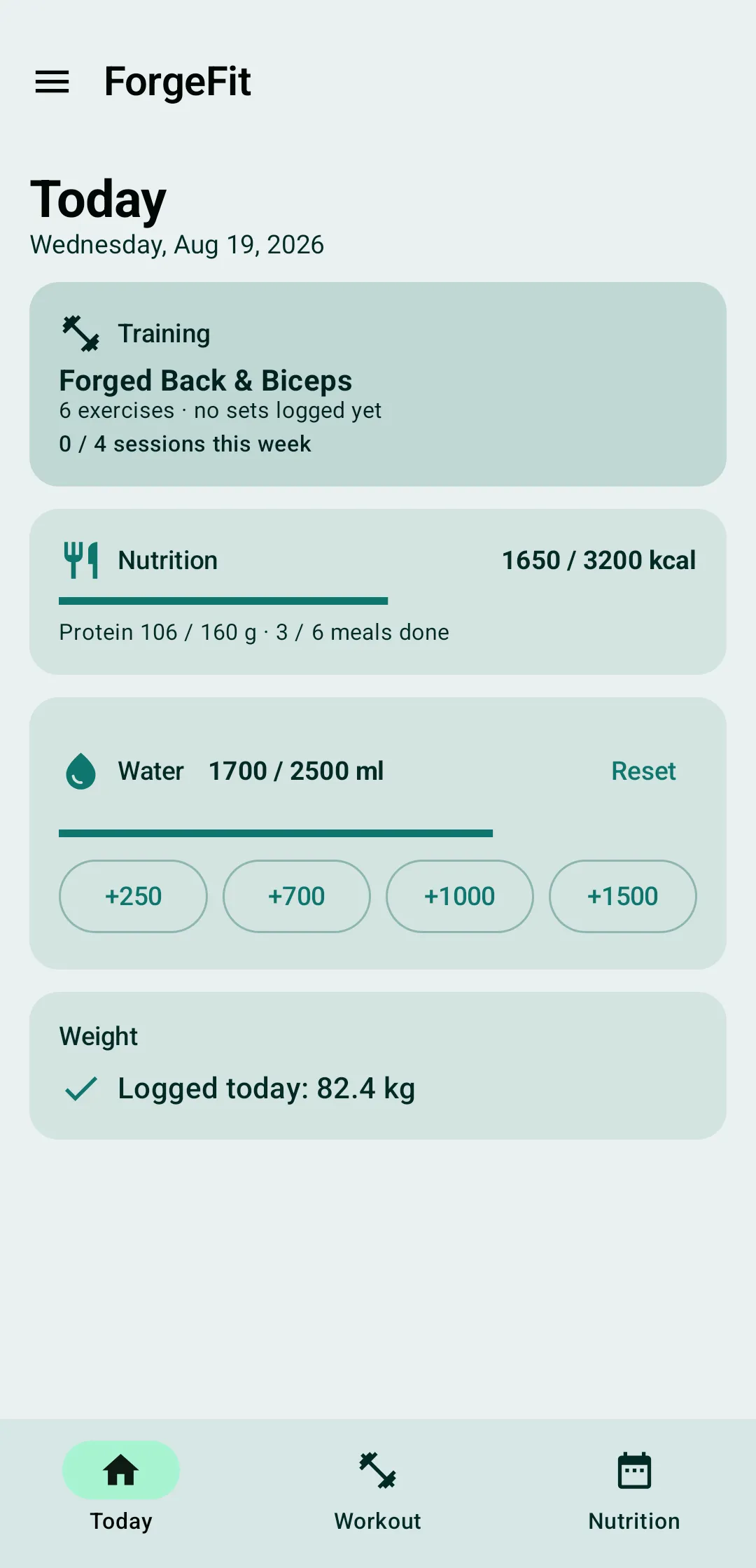 ForgeFit "Today" home screen with the session of the day, calorie total, water and logged weight.