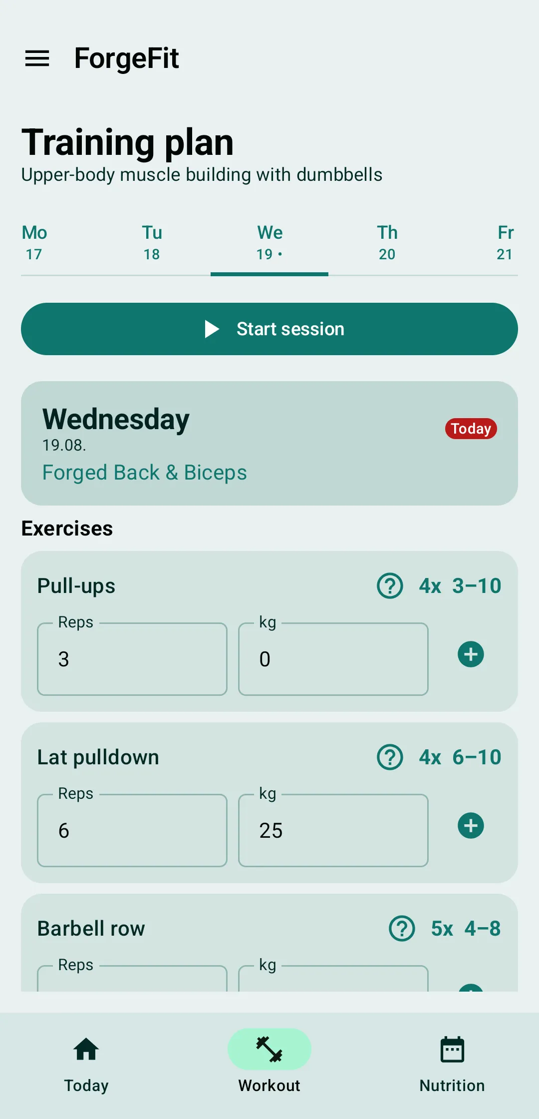 Workout view with the session of the day, its exercises and already logged sets.